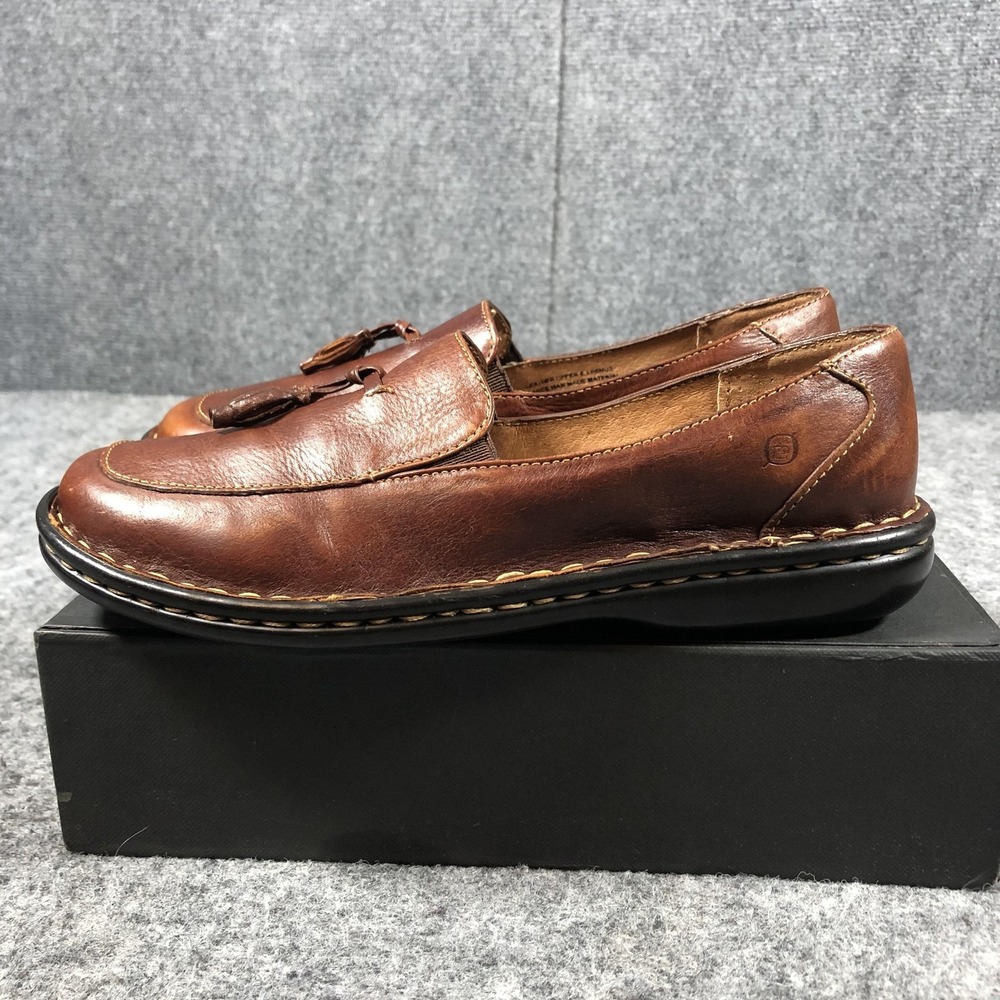 Born Womens 7 Brown Leather Tassel Loafers Slip On Comfort Flats - Picture 7 of 16